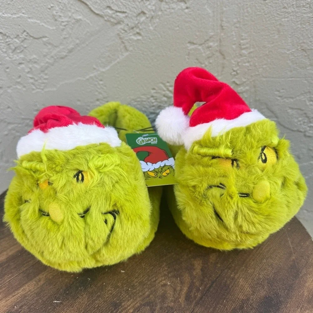 Grinch Holiday NEW Plush Kids Slippers Green Santa Hat Christmas Sz Small 9-10